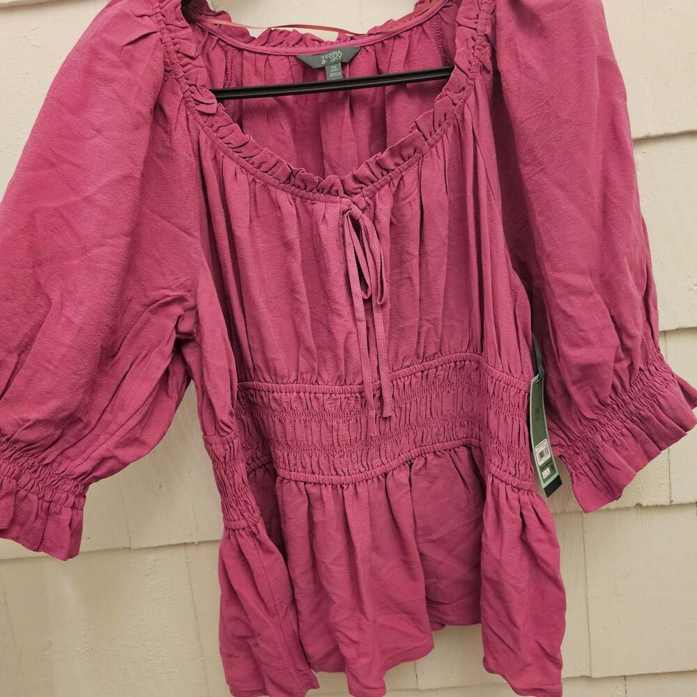 Terra & Sky Women's 0X 14W Pink Smocked Peplum Blouse Puff Sleeve Boho NWT - Picture 4 of 10